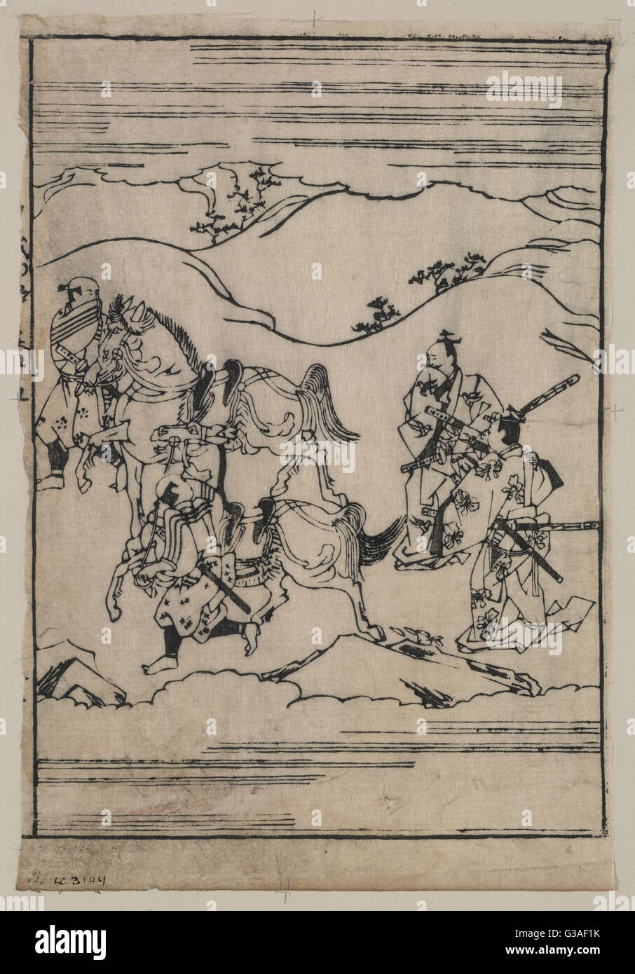Szenen, die sich auf die Soga-Familie beziehen - zwei Krieger mit Schwertern Stockfoto