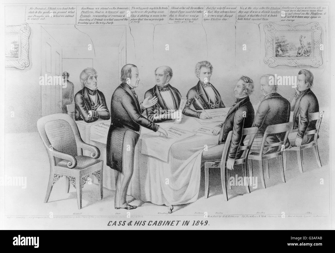 Cass &amp; seines Kabinetts im Jahre 1849. Die Satire schreibt zu den Demokraten von 1848, unter der Leitung von Lewis Cass, Kandidat der korrupten Praktiken der Partei Van Buren-Ära. Der Künstler kritisiert auch Whig Ablehnung des tapferen Parteivorsitzenden Henry Clay zu Gunsten der ind Stockfoto
