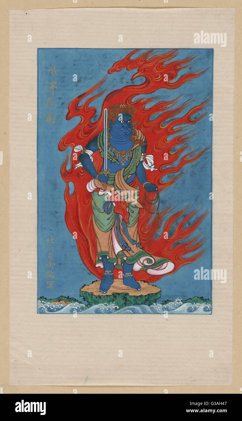 Mythologische blaue Buddhist- oder Hindu-Figur, volle Länge, sta Stockfoto