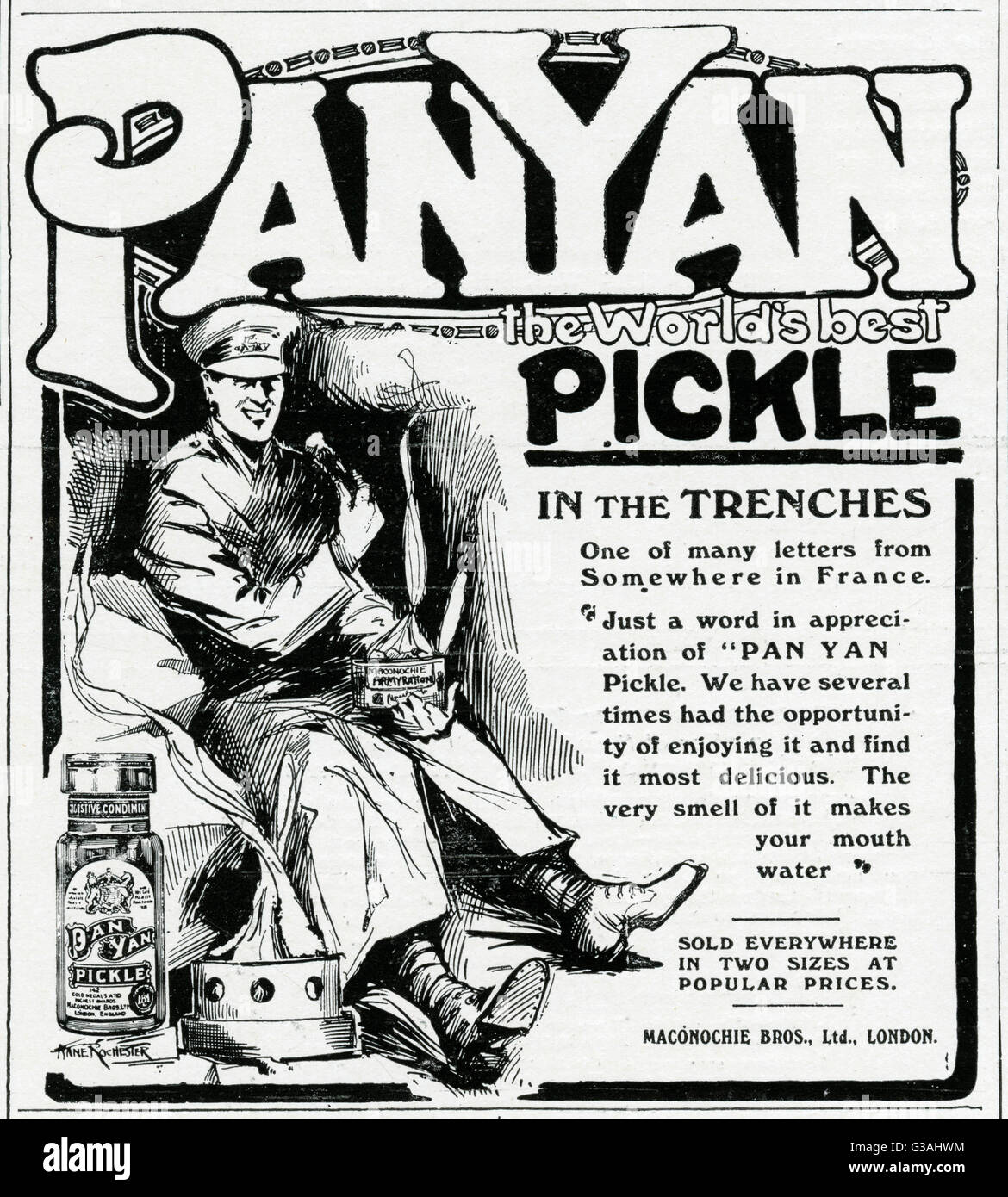 Ersten Weltkrieg Werbung für Pan Yan Pickle, zeigt ein glücklich Soldat genießen Sie einen Happen zu Essen in den Schützengräben.       Datum: 1915 Stockfoto