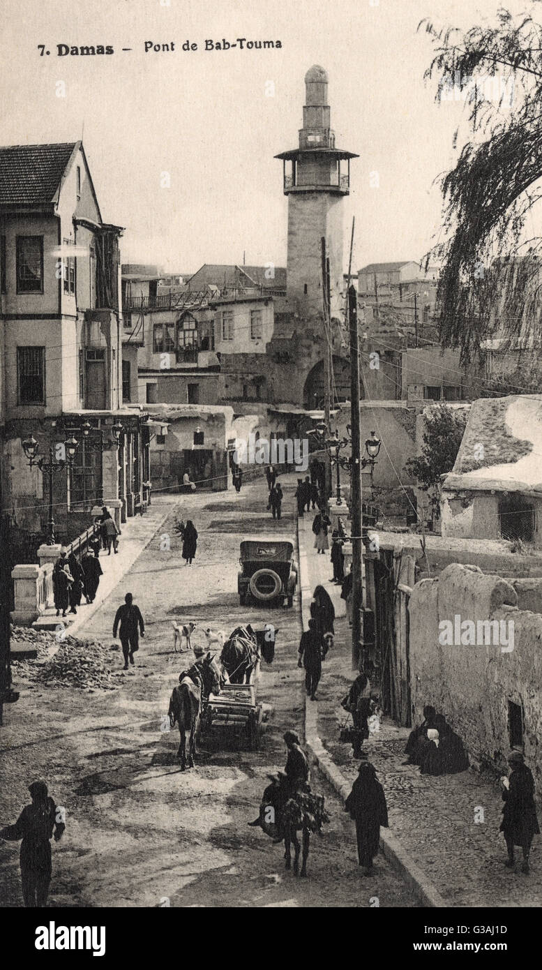Eine absolut beeindruckende Qualität Postkarte von der Brücke der Bab Touma in Damaskus, Syrien. Bab Tuma ("Thomass Gate") - ein Stadtteil der Altstadt von Damaskus in Syrien, eines der Tore in den historischen Mauern der Stadt verdankt seinen Namen, Thomas, einer der Stockfoto