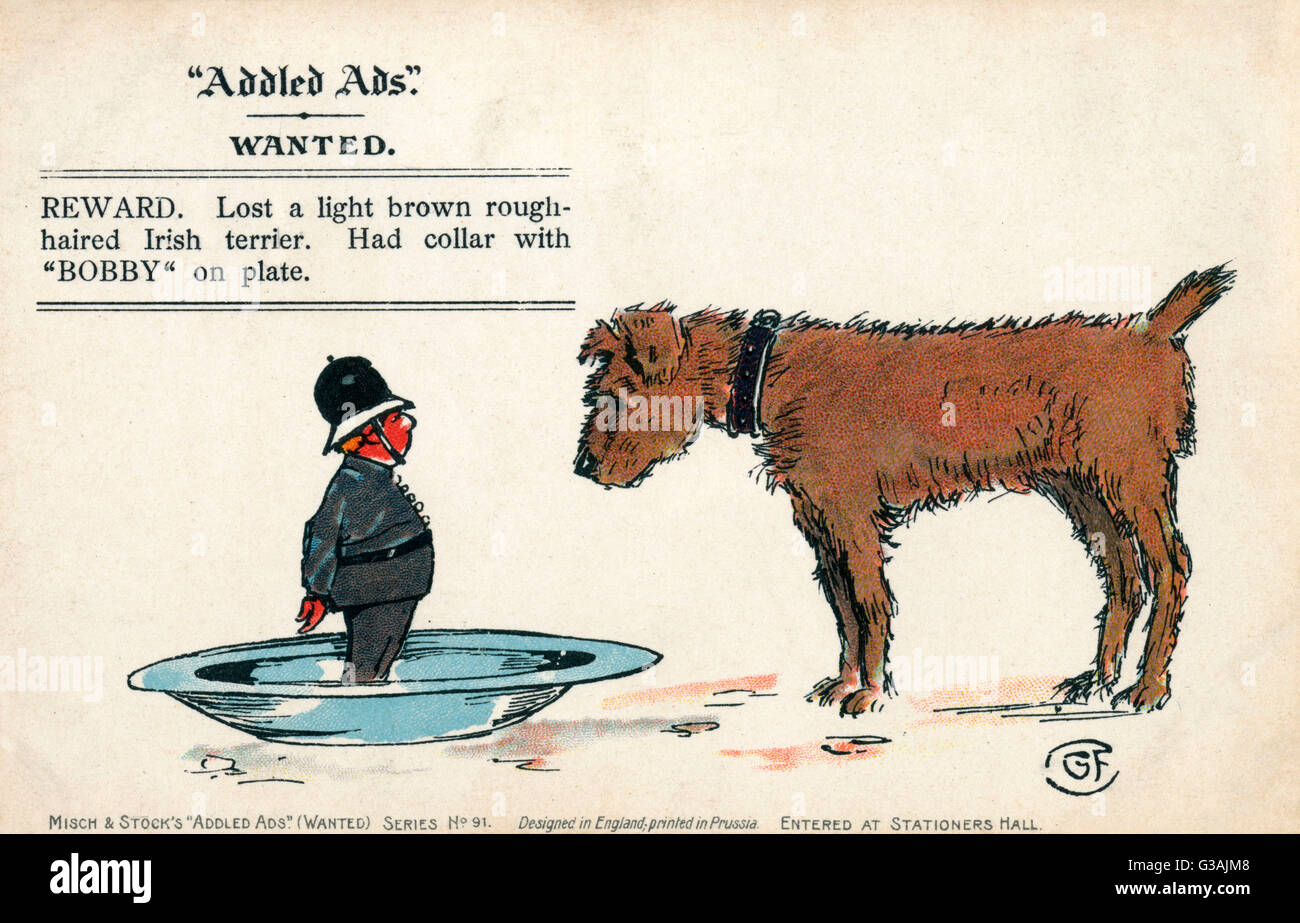 Added Ads – humorvolle Postkarte – Irish Terrier und „Bobby“ Stockfoto