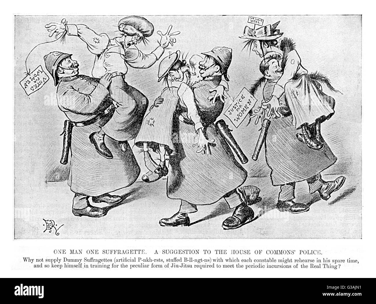 Cartoon, ein Mann, ein Suffragette Stockfoto