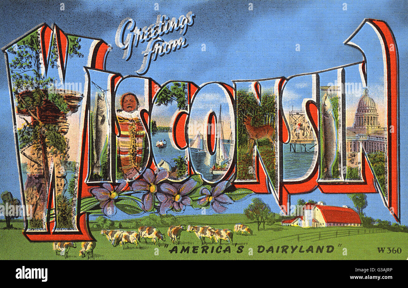 Große Buchstabenkarte - Grüße aus Wisconsin, USA Stockfoto