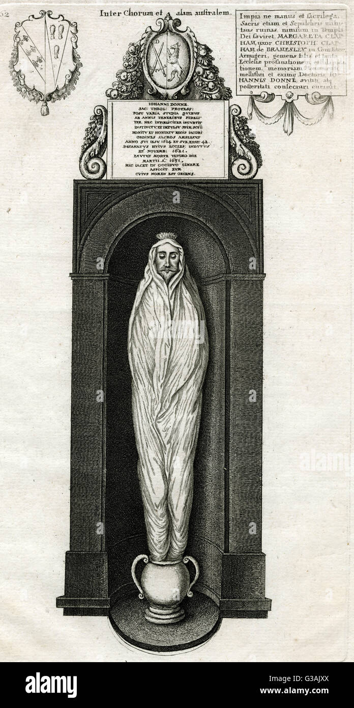 John Donne (1572-1631), Dichter und Dekan von St. Pauls Cathedral - Denkmal in der alten St. Pauls, die er für sich selbst vor seinem Tod in Auftrag gegeben.  Er ist eingehüllt in eine Wicklung Blatt, stehend auf einem Grabmal Urne gezeigt.  Es war eines der wenigen Denkmäler, Stockfoto