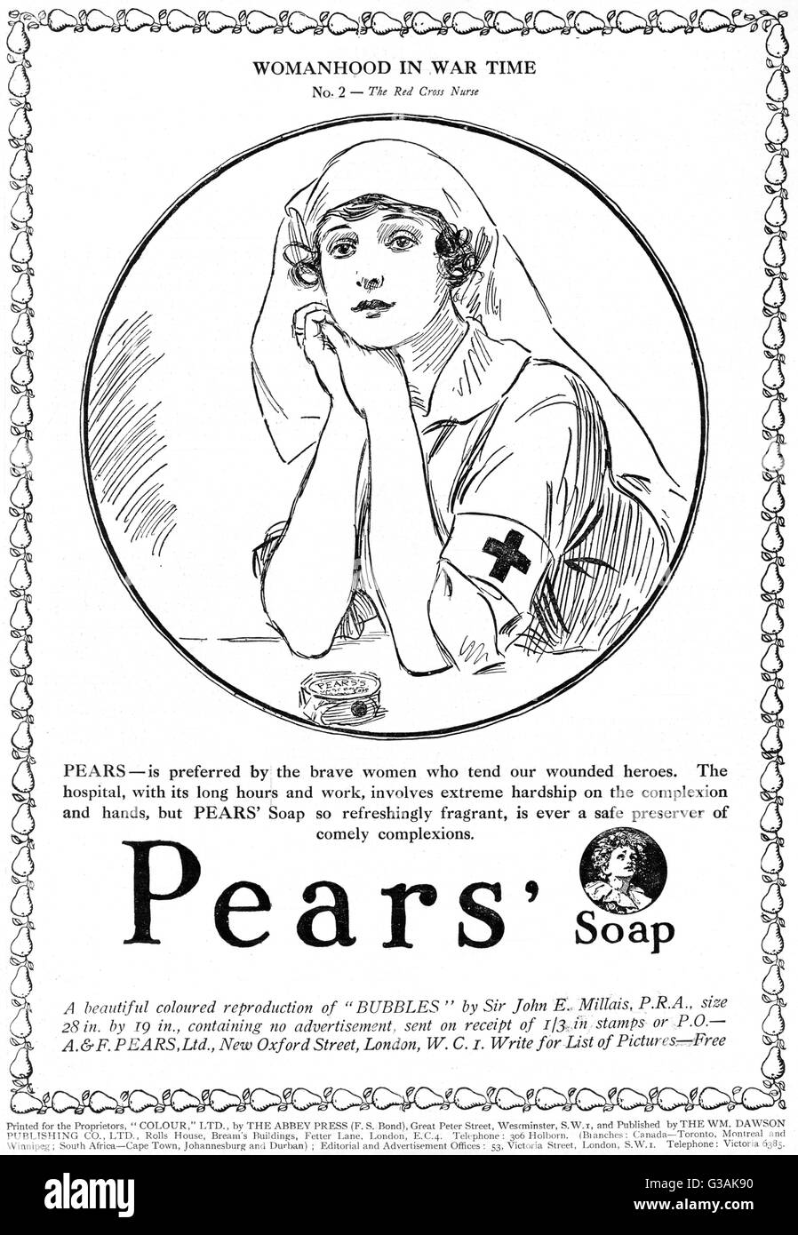 Werbung für Birnen Seife aus dem ersten Weltkrieg Zeitraum, Teil ihrer Weiblichkeit in Kriegszeiten Serie mit diesem mit einer Rot-Kreuz-Krankenschwester.  "Das Krankenhaus mit seinen Überstunden und Arbeit beinhaltet extreme Härte auf den Teint und Hände, aber Erbse Stockfoto