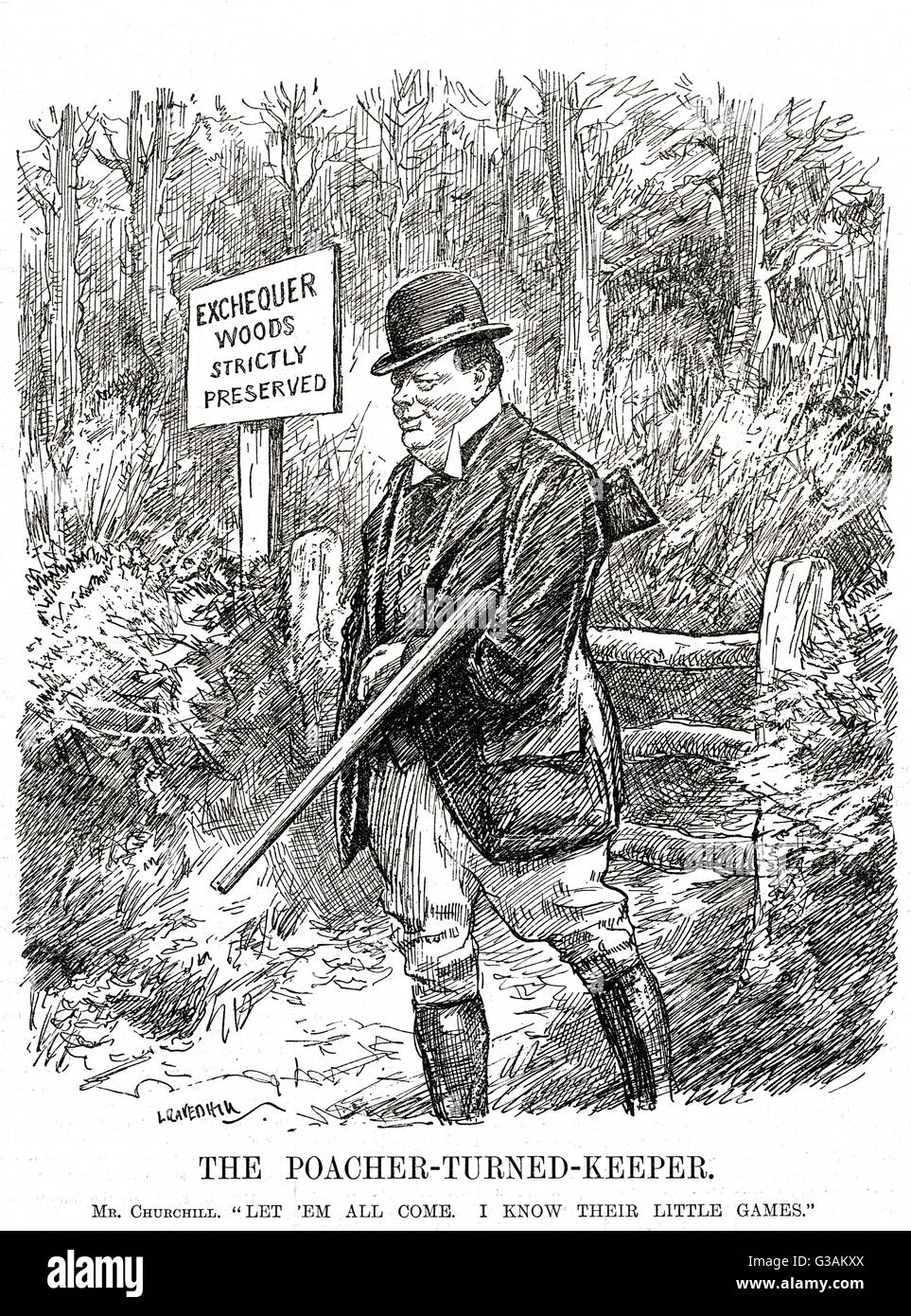 Cartoon, der Wilderer, der zum Hüter wurde (Winston Churchill) Stockfoto