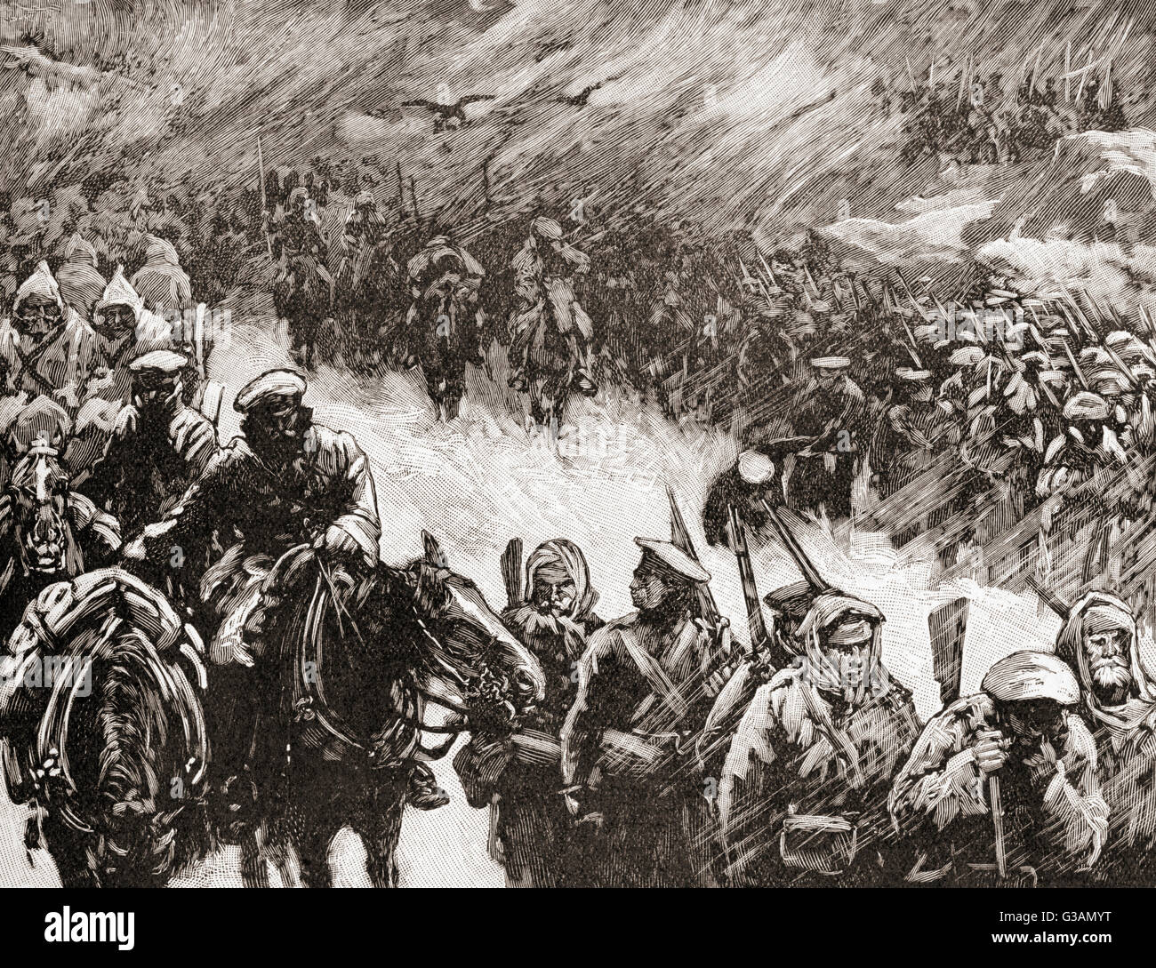 Die russische Armee unter der Führung von Graf Iosif Vladimirovich Romeyko-Gurko vorab auf dem Balkan während des russisch-türkischen Krieg von 1877 – 1878. Stockfoto