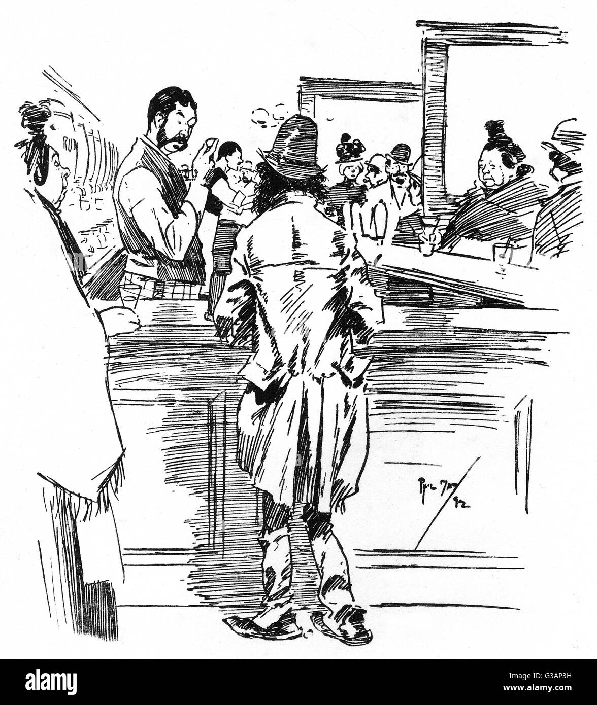 Der Barkeeper hat ein hartes Wort mit einem unehrenhaften Gast Stockfoto