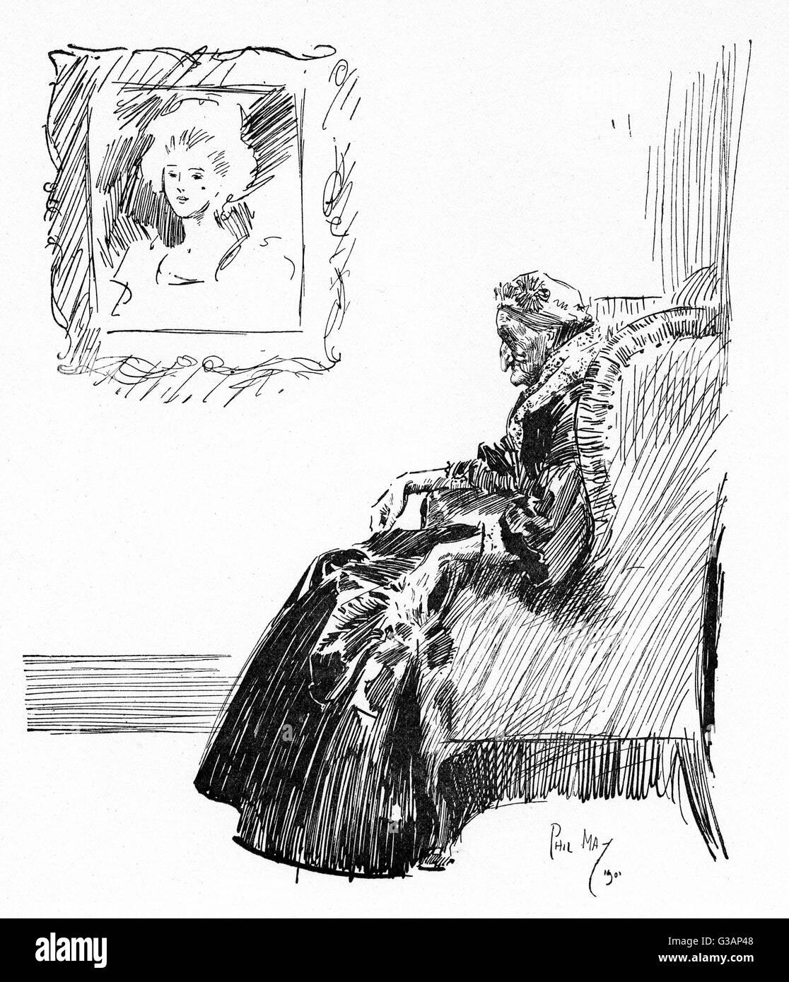 Ältere Frau, die unter einem Porträt von ihr saß, als sie jung war Stockfoto