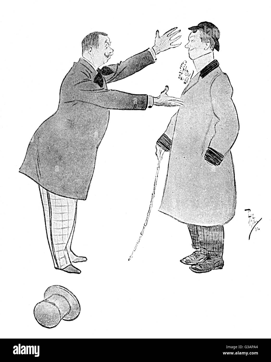 Der wütende Franzose schreit einen frechen Engländer an Stockfoto