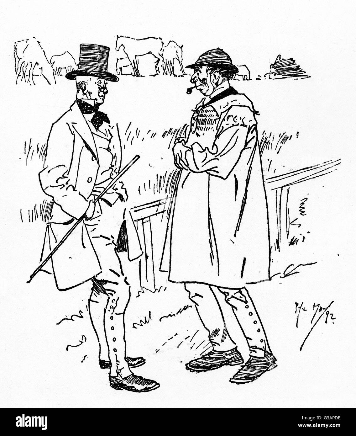 Betrunkener Yokel protestiert gegen seine Unschuld gegenüber dem örtlichen Grundbesitzer Stockfoto