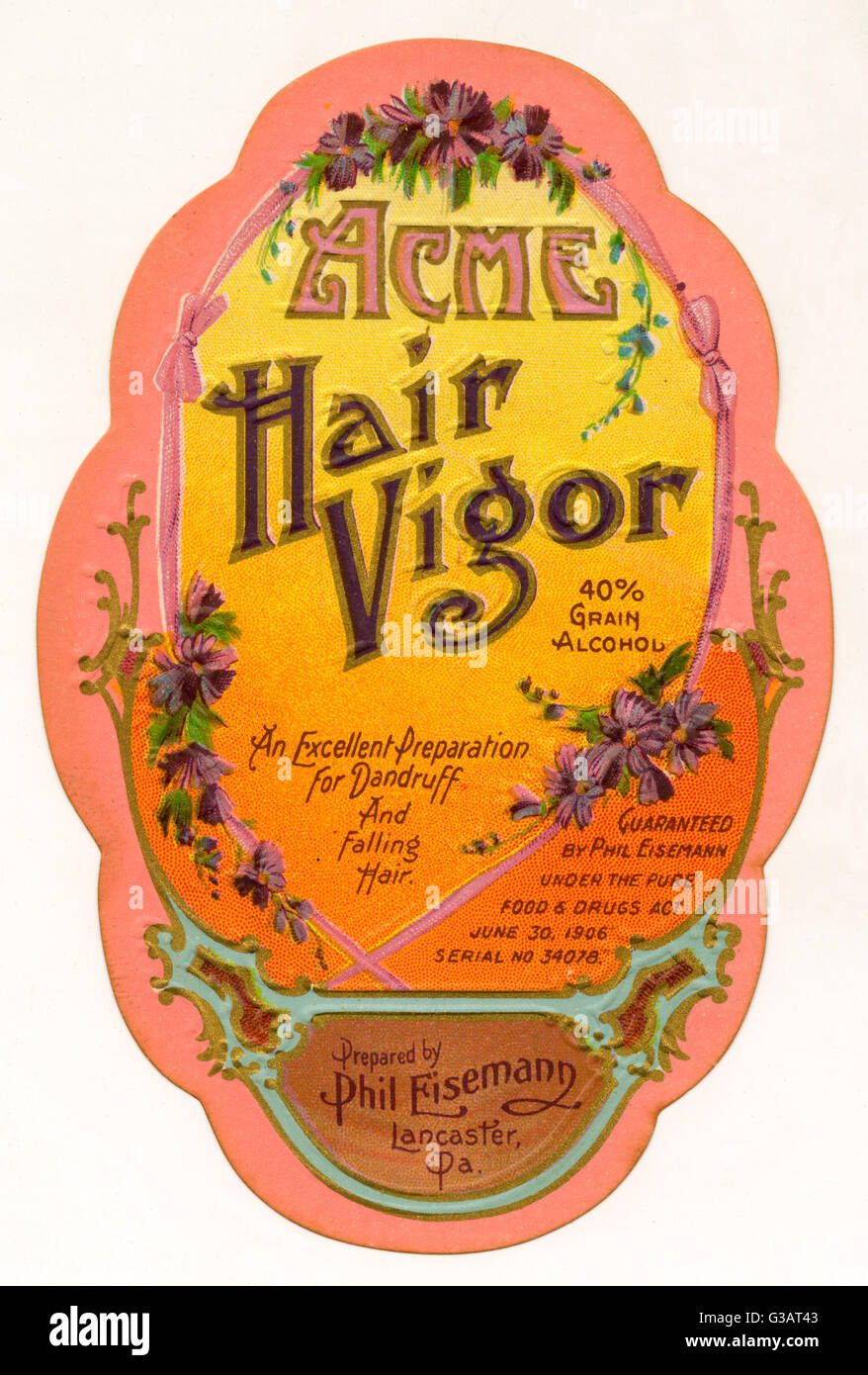 Etikettendesign, Acme Hair Vigor Stockfoto