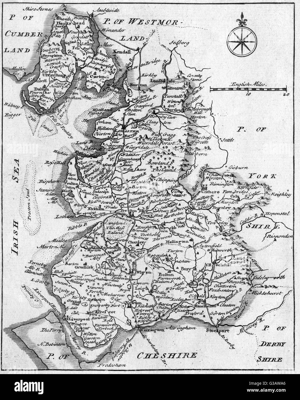 Landkarte von Lancashire Stockfoto