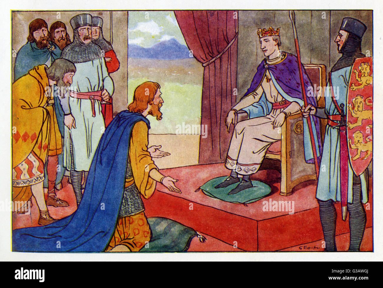 Die irischen Häuptlinge und Könige knien vor König Heinrich II. (1133-1189) in Dublin, Irland. Im Oktober 1171 landete König Heinrich mit einer großen Armee in Irland, um die Kontrolle über die Anglo-Normannen und die Iren zu erlangen. Die normannischen Lords übergaben Henry ihr erobertes Territorium. Stockfoto