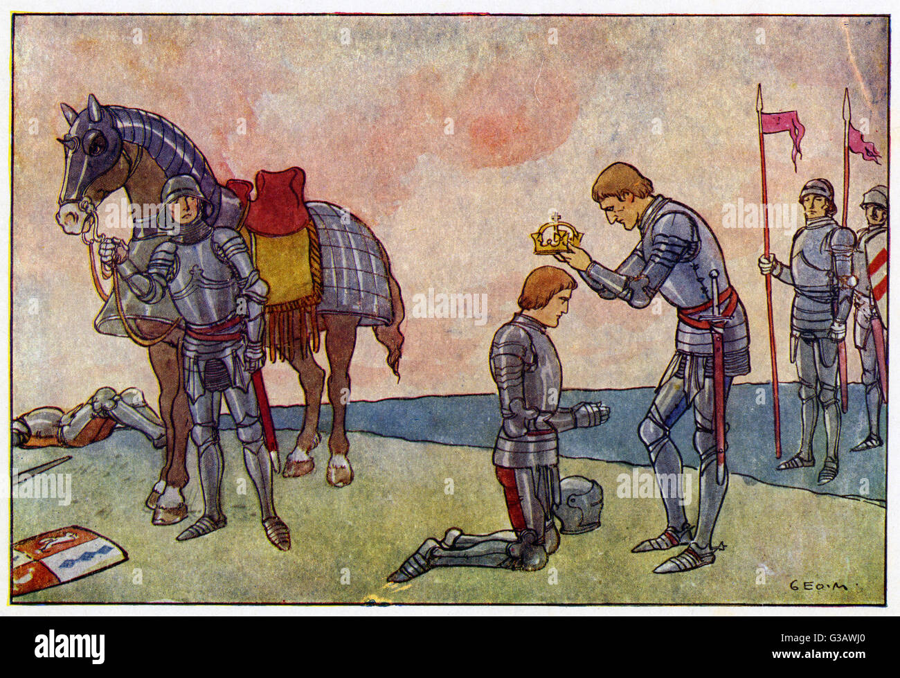Der Graf von Richmond wird zum König Heinrich VII gekrönt, nachdem er Richard III. Am 22. August 1485 im Feld Battle of Bosworth besiegt hatte. Henrys wichtigster Anspruch auf den englischen Thron stammt von seiner Mutter durch das Haus Beaufort. Henrys Mutter, Lady Margaret Beaufort, war eine Urenkelin von John of Gaunt, dem Herzog von Lancaster und viertem Sohn von Edward III. Und seiner dritten Frau Katherine Swynford. Stockfoto
