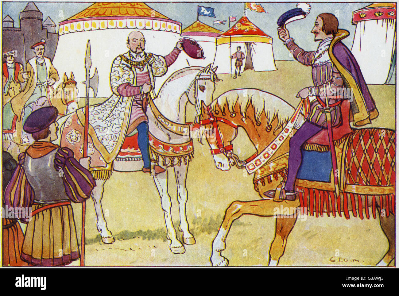 Die Besprechung von König Henry VIII von England und König Francis I von Francis auf dem Gebiet der Cloth of Gold oder Camp du Drap d ' or, die Bezeichnung für einen Platz in Balinghem zwischen Guines und Ardres, in Frankreich, in der Nähe von Calais vom 7. Juni bis 24. Juni 1520. Stockfoto