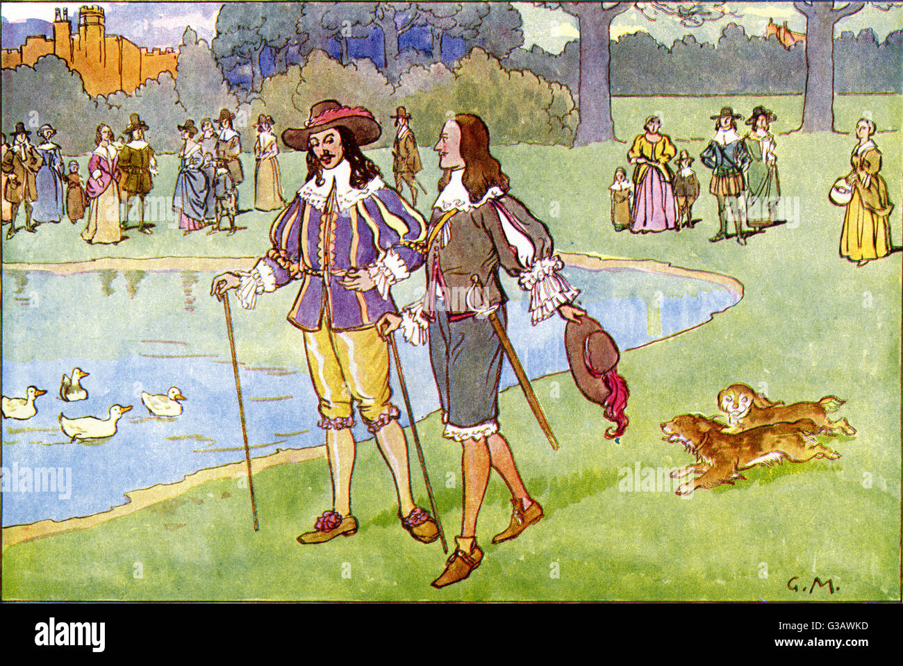 König Karl II. (1630-1685) mit seinem jüngeren Bruder James (1633-1701) (später König von England und Irland als James II und König von Schottland als James VII). Sie spazieren durch St. James's Park in London mit ihren Spanieren. Stockfoto