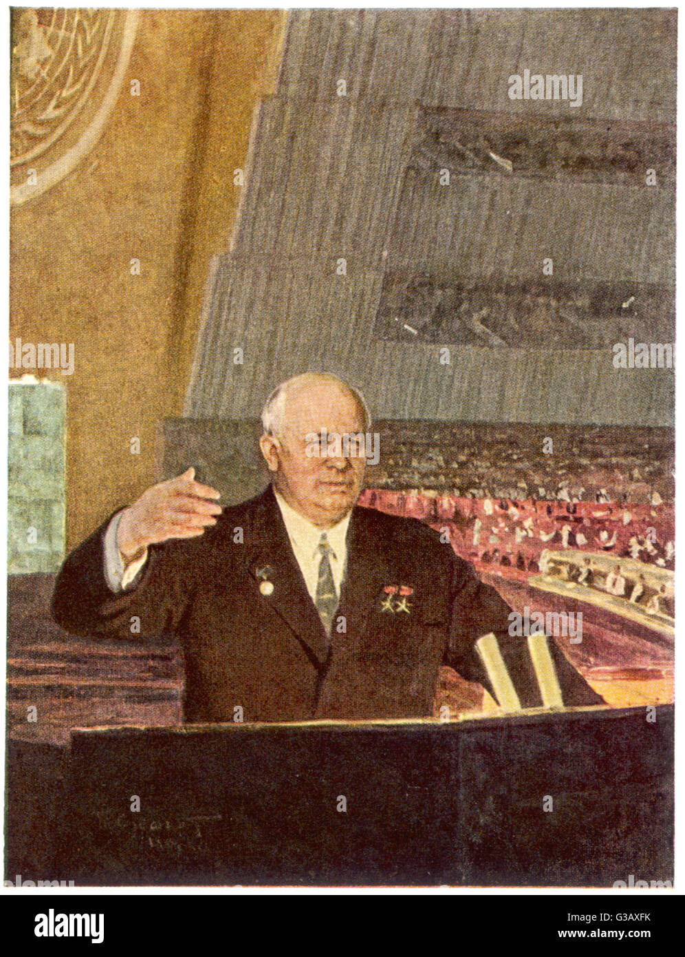 Russischer Staatsmann, Generalsekretär der kommunistischen Partei und premier 1958-1964, Nikita Khrushchev (1894 – 1971), dargestellt an der Versammlung bei den Vereinten Nationen.     Datum: 1960 Stockfoto