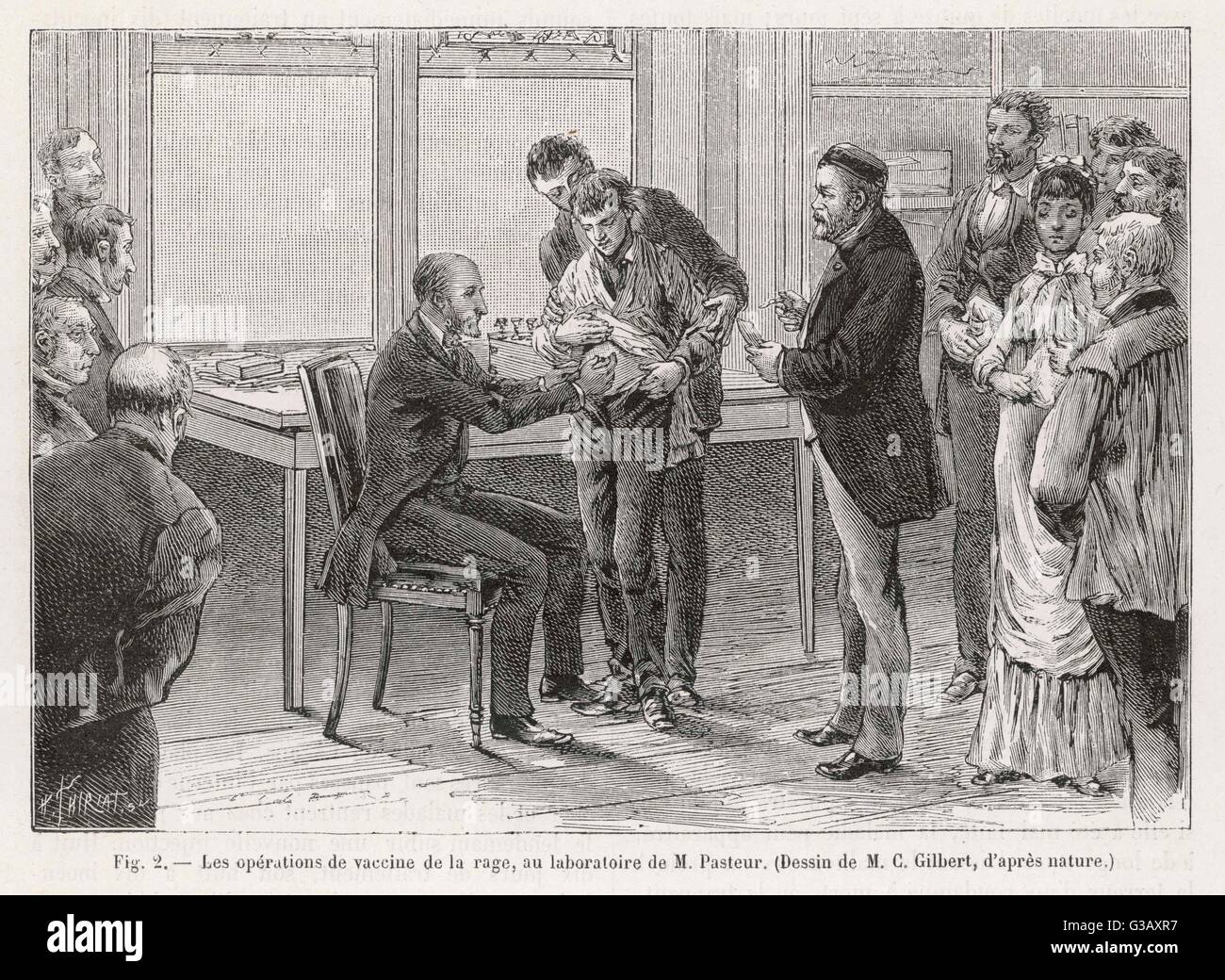 Louis Pasteur (1822-1895), französischer Chemiker und Mikrobiologe, betreut eine Impfung gegen Tollwut in seinem Labor.      Datum: 1886 Stockfoto