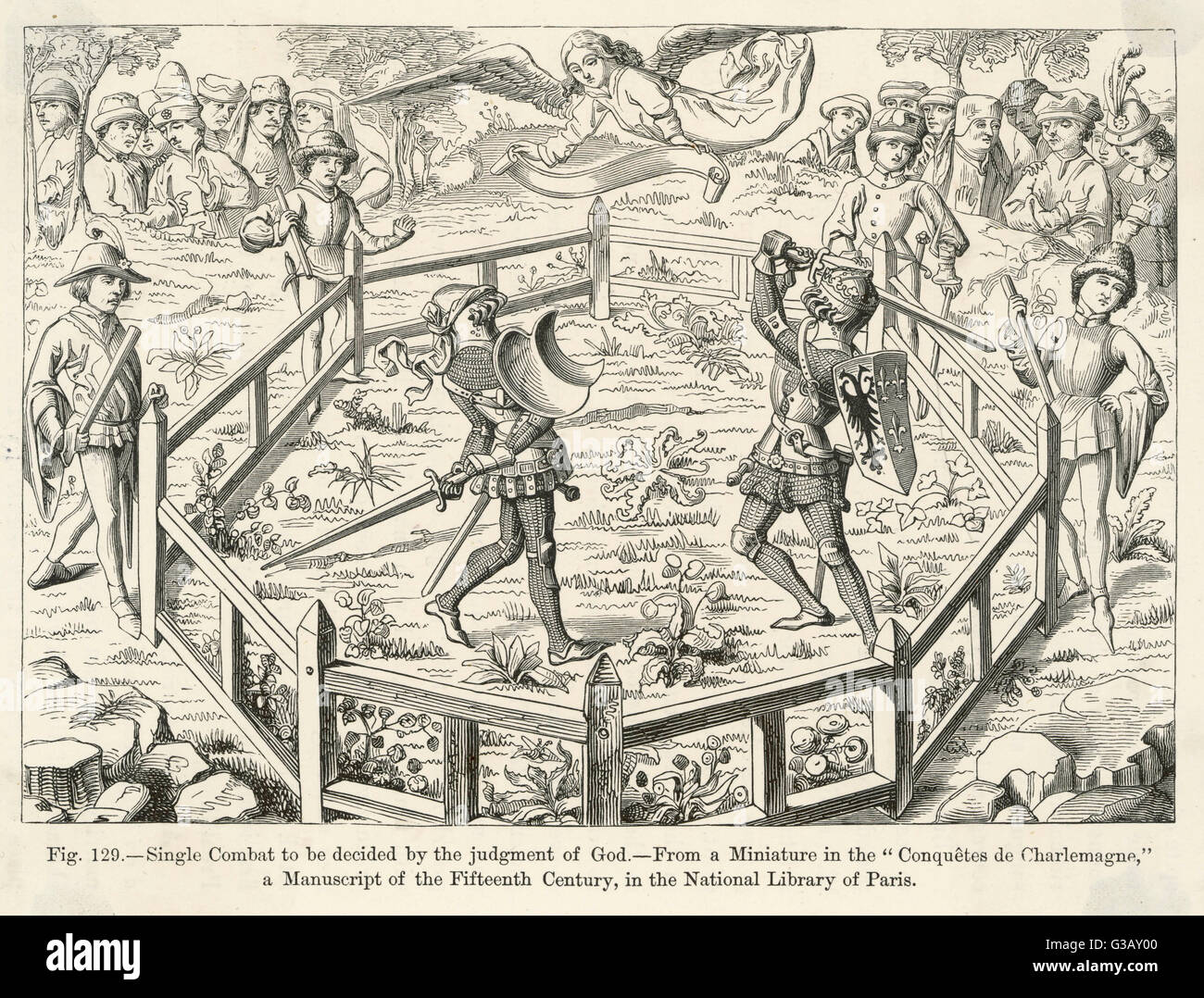 Zwei Ritter im Zweikampf, werden deren Ergebnisse durch das Urteil Gottes entschieden.       Datum: 15. Jahrhundert Stockfoto