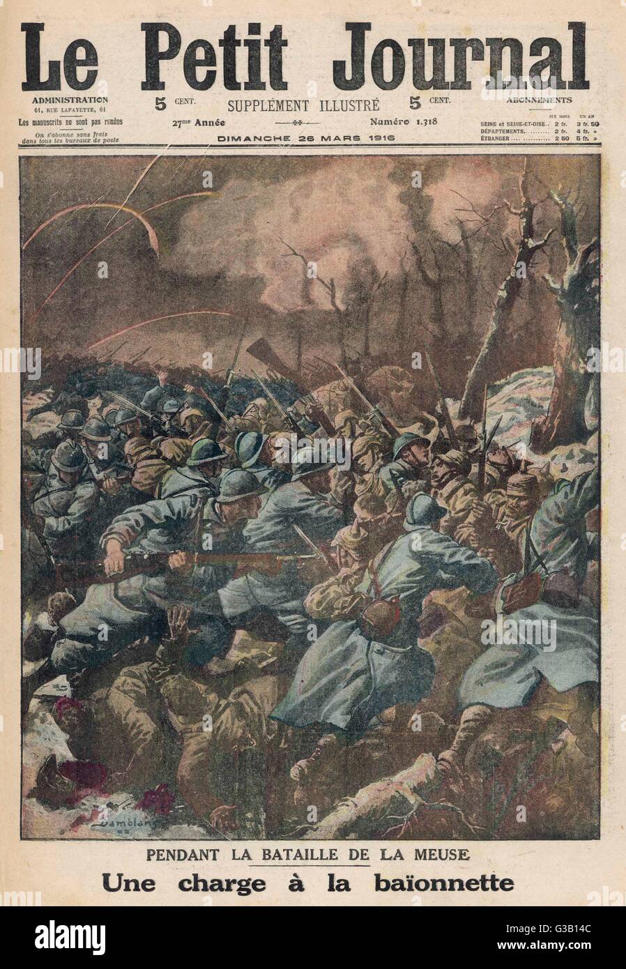 Französische Truppen machen eine Bajonett, während eines Kampfes am Ufer der Maas, Teil der fast einjährigen Schlacht von Verdun aufzuladen.      Datum: März 1916 Stockfoto