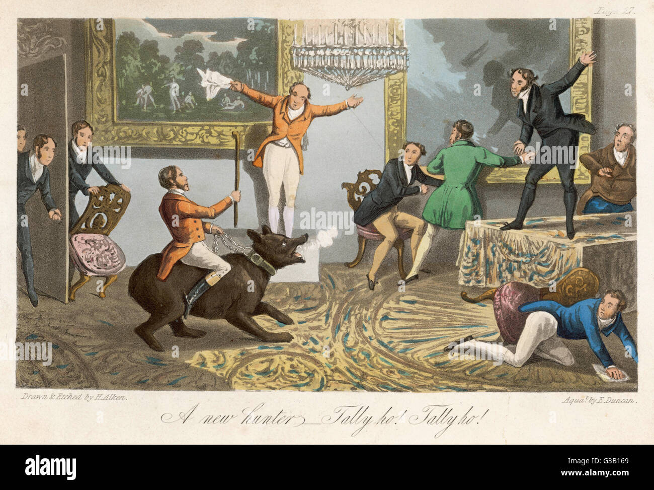 Englische exzentrische John Mytton (1796-1834) beschließt, eine Dinner-Party zu beleben, indem er reitet ein Bär ins Esszimmer verursacht seine Gäste zu fliehen. Es endet in einer Katastrophe, wenn Mytton gebissen wird Datum: 1820er Jahre Stockfoto