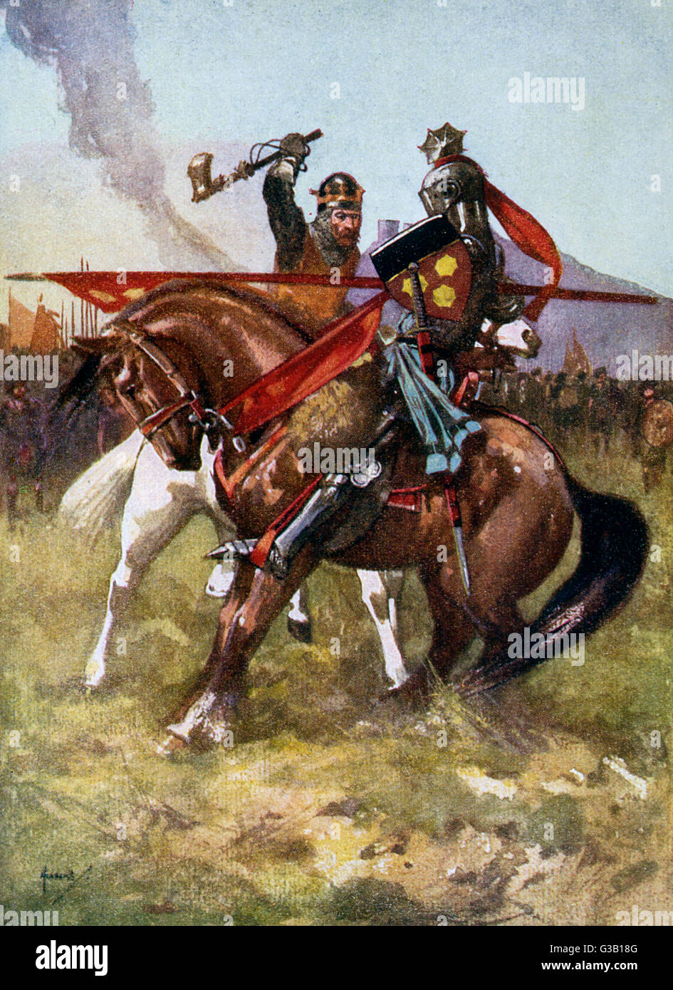 Vor der Schlacht von Bannockburn, tötet König Robert de Bruce VIII Sir Henry de Bohun im Kampf Einzeldatum: 23 Juni 1314 Stockfoto