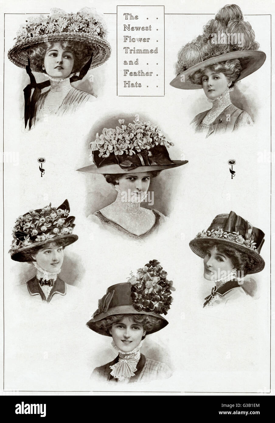 Edwardianische Hüte mit Blumen- und Federmotiven 1909 Stockfoto
