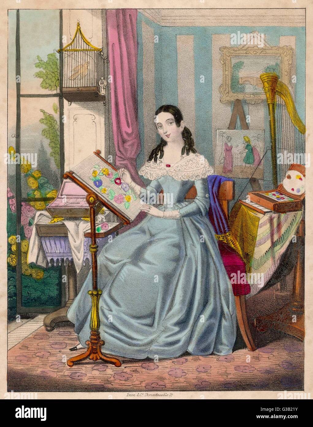 "Die fleißige junge Dame" - ein viktorianisches Mädchen und ihre Leistungen Datum: 1840er Jahre Stockfoto