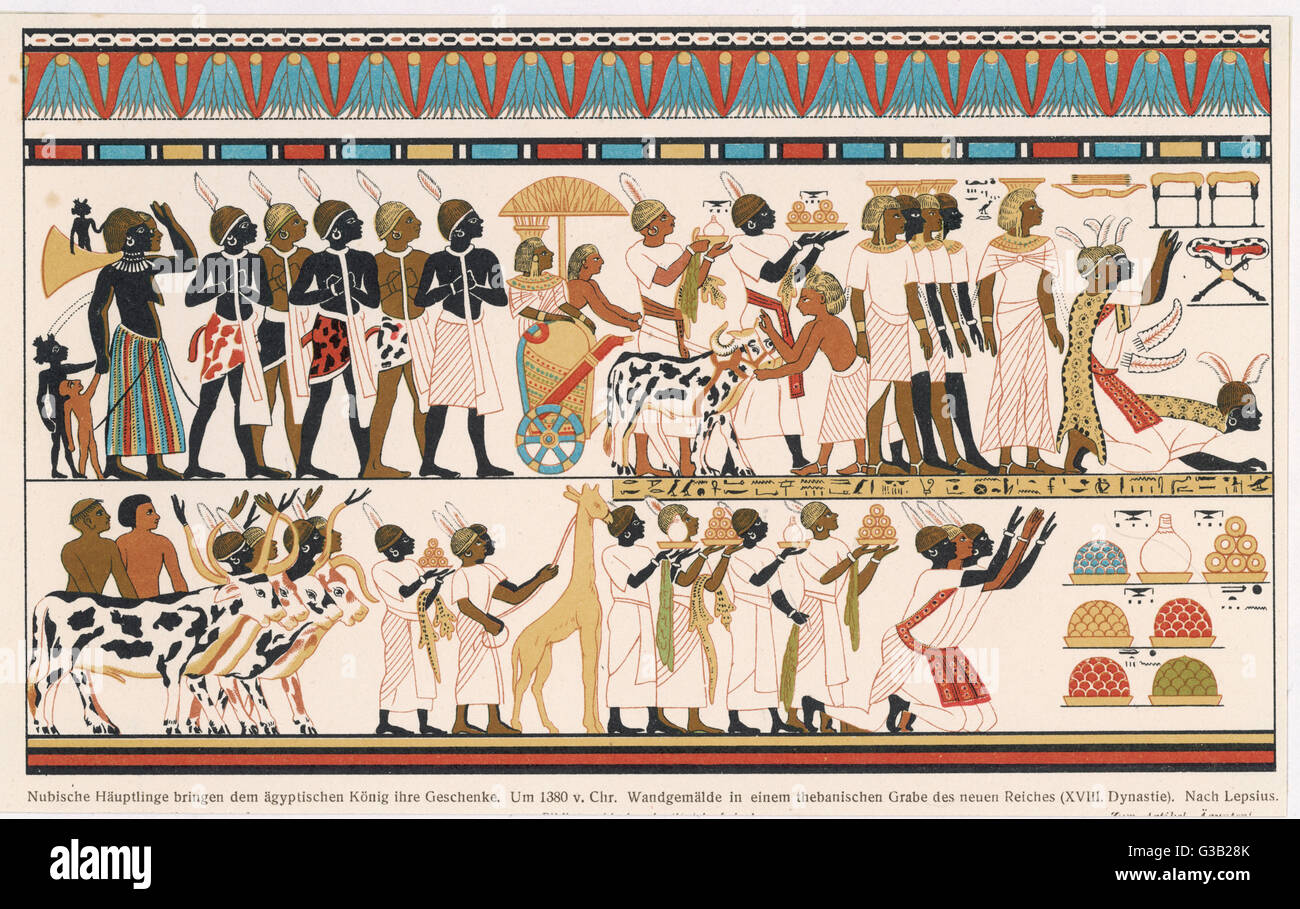 Nubier aus dem Süden bringen Tribut zu den ägyptischen Pharao; Sie tragen eine Vielzahl von Kleidung - kurze oder lange Röcke, Tuniken, Tierhäuten, und gefiederte Kopfbedeckungen Datum: 1570-1293 v. Chr. Stockfoto