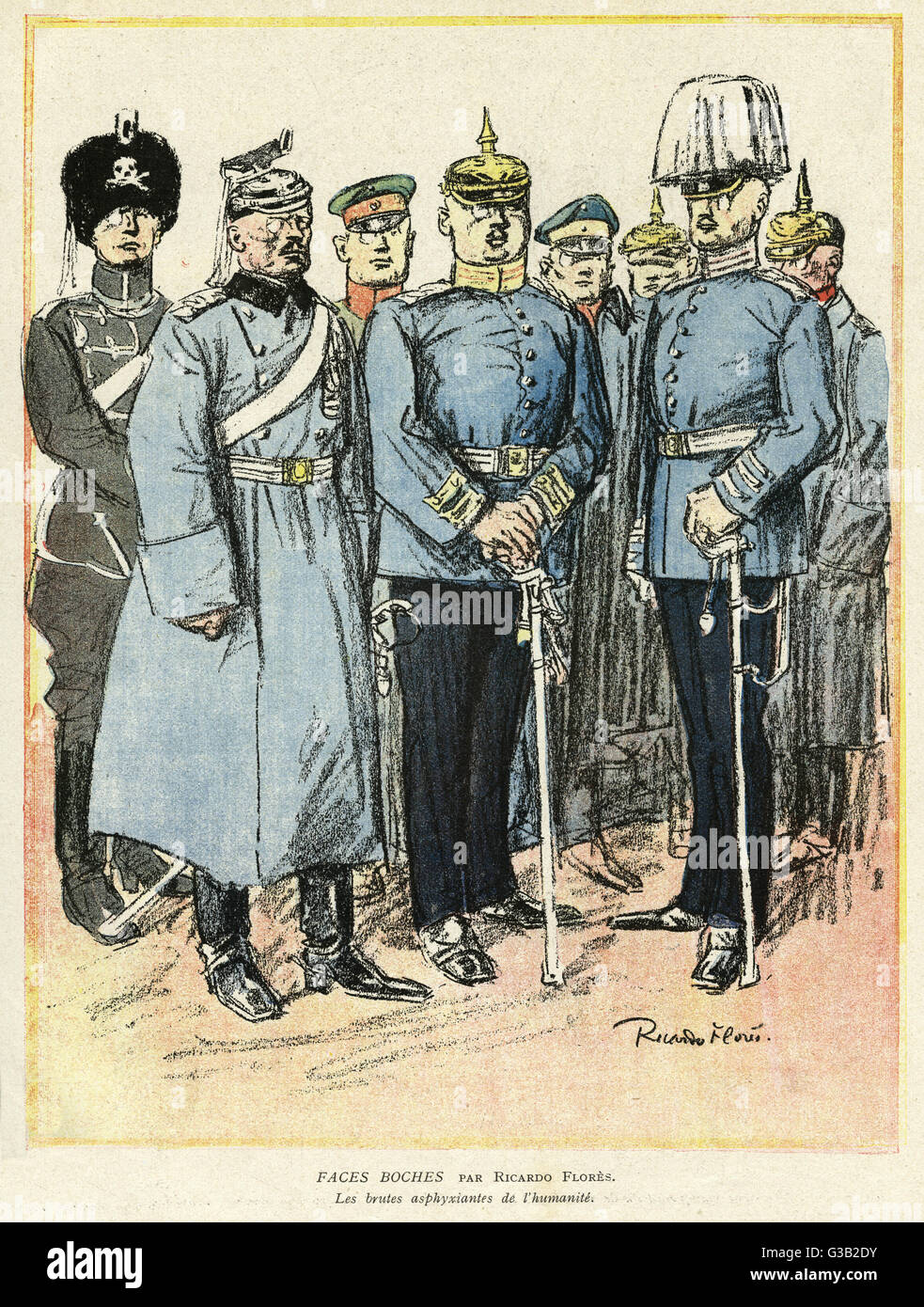 Cartoon, deutscher Offizier (Boche Faces), WW1 Stockfoto