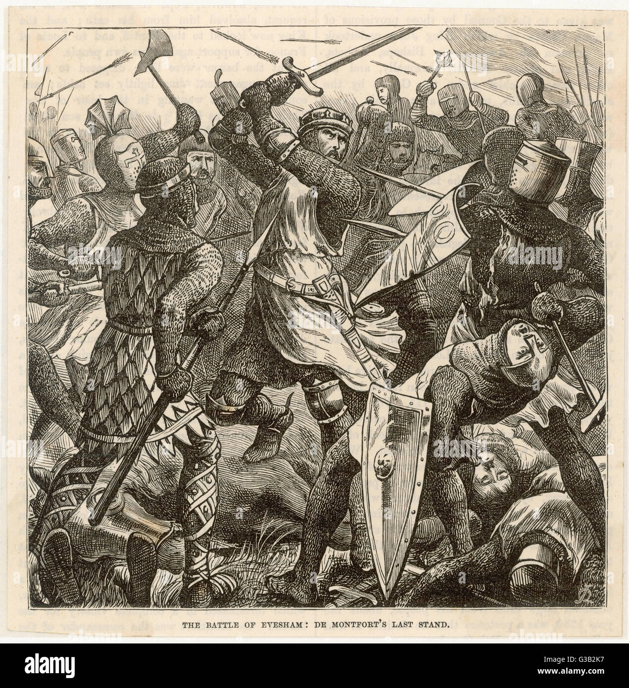 Die Barone Niederlage in der Schlacht von Evesham, in denen Simon de Montfort getötet wird, bringt zu Ende Krieg der Barone und führt zur Wiederherstellung von Henry III Datum: 4 August 1265 Stockfoto
