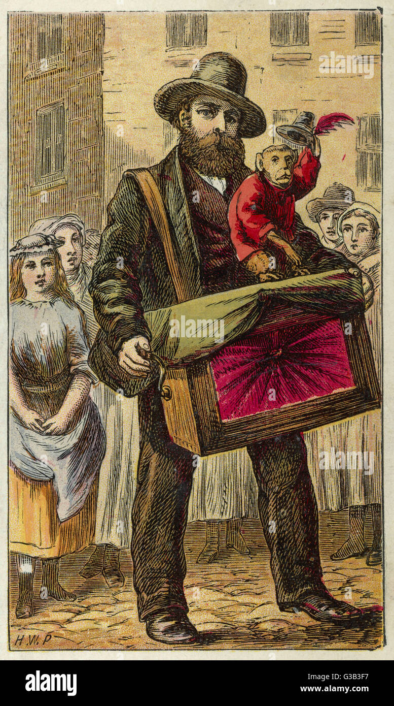 London-Zeichen: der DREHORGELSPIELER und seinem Affen kommen aus Italien, und die Lieder er in unsere Nebel-graue Straßen singt sind warm mit Sehnsucht nach ihrer sonnigen Heimat.      Datum: um 1870 Stockfoto