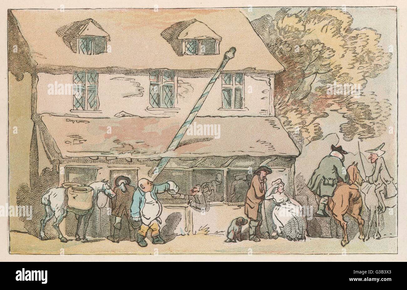 Kunden rund um Fräsen und binden Pferde vor dem Schlafengehen in einen Friseurladen in Alresford, Hampshire Datum: 1782 Stockfoto