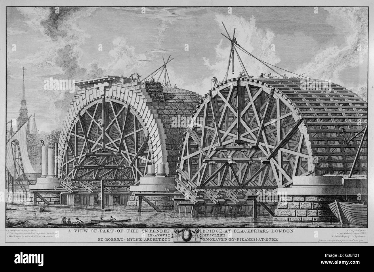 Ein Blick auf Teil der geplanten Brücke am Blackfriars, London August 1764 von Robert Mylne Architekten.       Datum: August 1764 Stockfoto