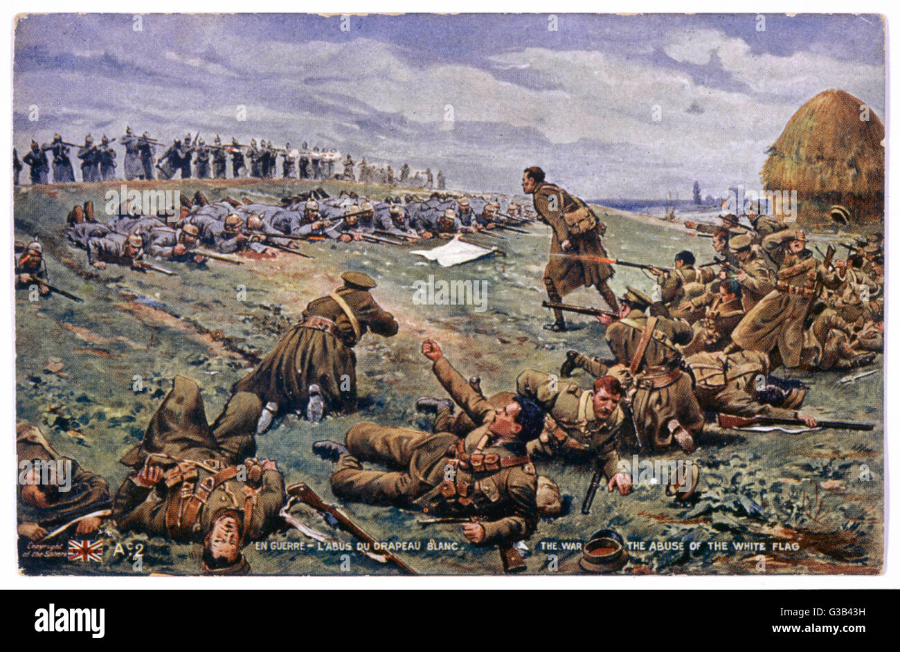 Eine Farbausführung Postkarte Version einer Zeichnung von Fortunino Matania, The Sphere, 2. Januar 1915 erschien. Es zeigt einen Vorfall erzählt der Künstler als eine Kraft der deutschen Infanterie nur vorgetäuscht um zu ergeben, eine weiße Fahne hochhalten, aber dann in einen Hinterhalt gelockt Stockfoto