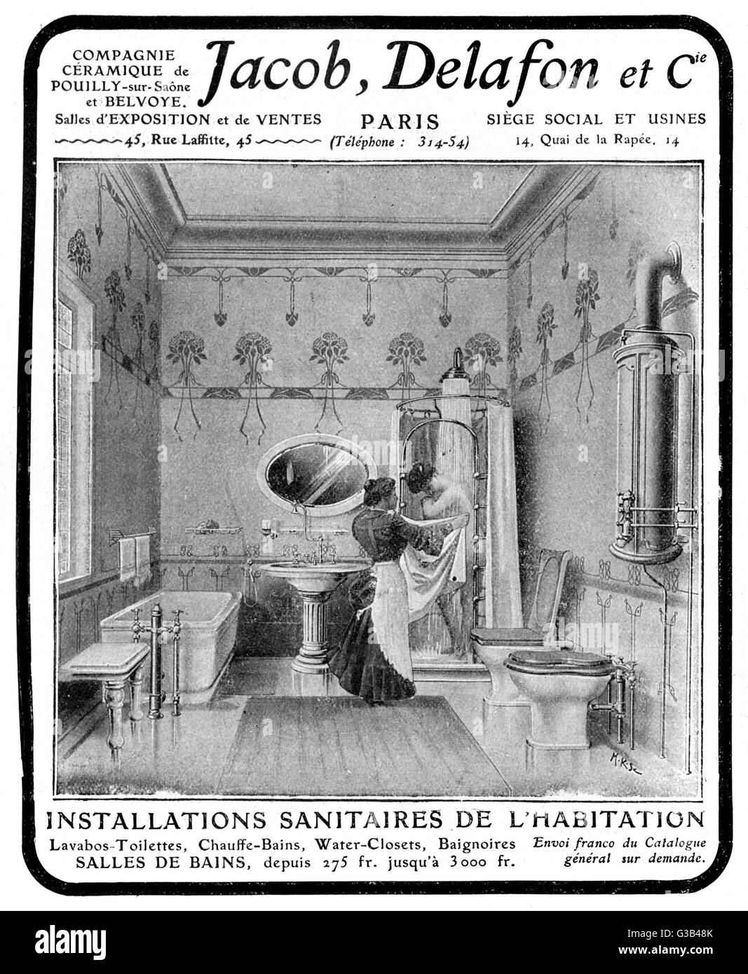 Ein Zimmermädchen hilft ihrer Herrin take a Shower in dieser aufwendigen Badezimmer mit Badewanne, Dusche, Bidet und Toilette sowie der Geysir zur Warmwassergewinnung Datum: 1906 Stockfoto