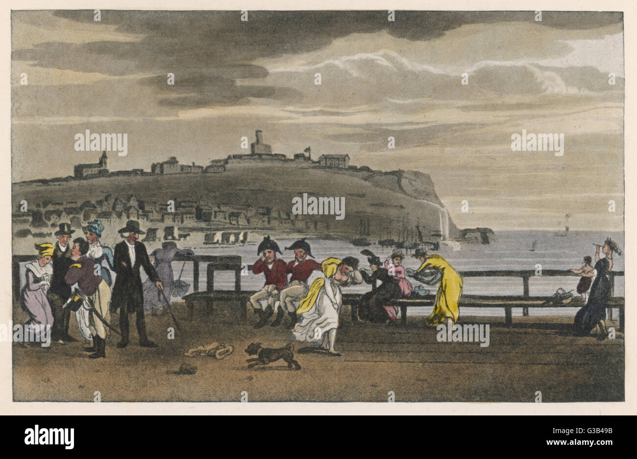 Scarborough, Yorkshire, Großbritannien: Menschen kommen und gehen, und vertreiben uns die Zeit des Tages auf der Terrasse Spa - es zu windig, zu sein scheint, das ist nicht ungewöhnlich, an diesem Ort Datum: 1813 Stockfoto