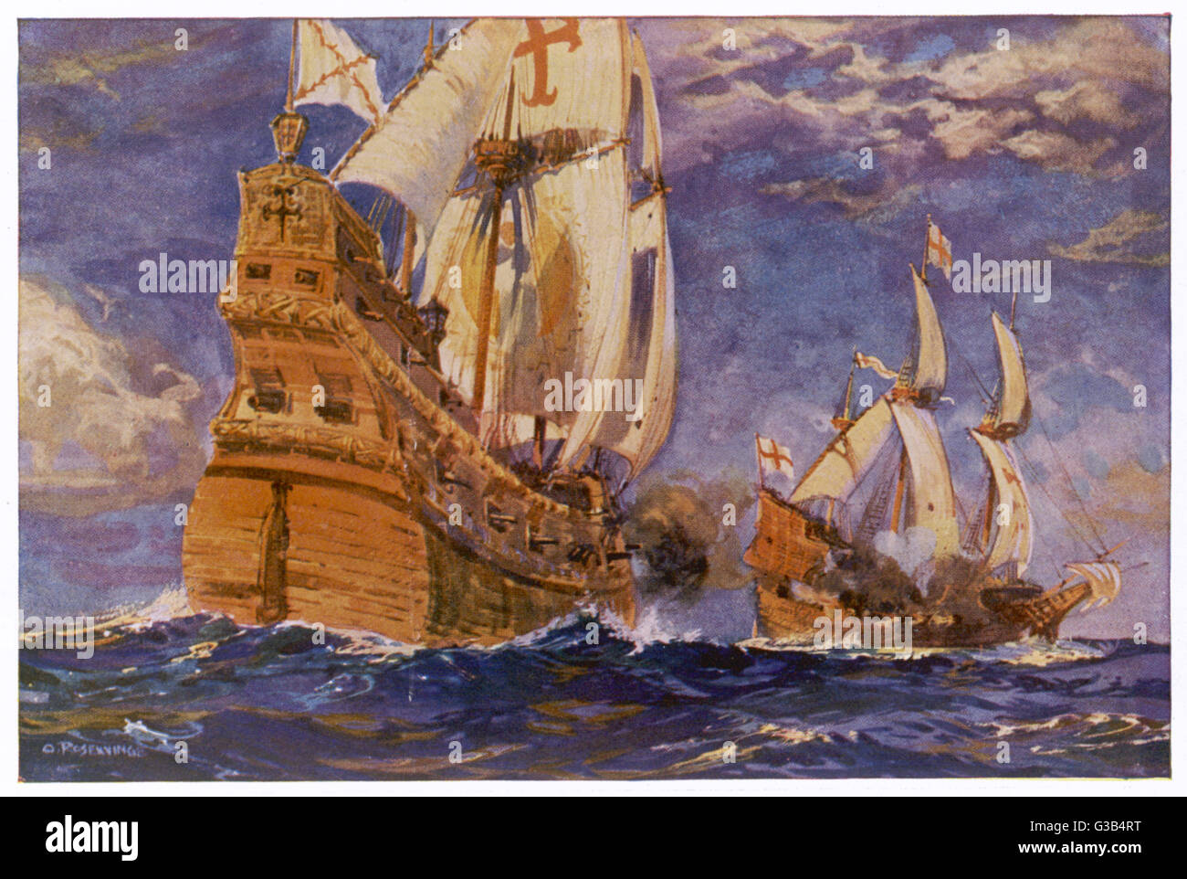 Drake trifft ein spanisches Schiff im Laufe seiner circumnavigatory Reise in das "Golden Hind" Datum: 1572 Stockfoto