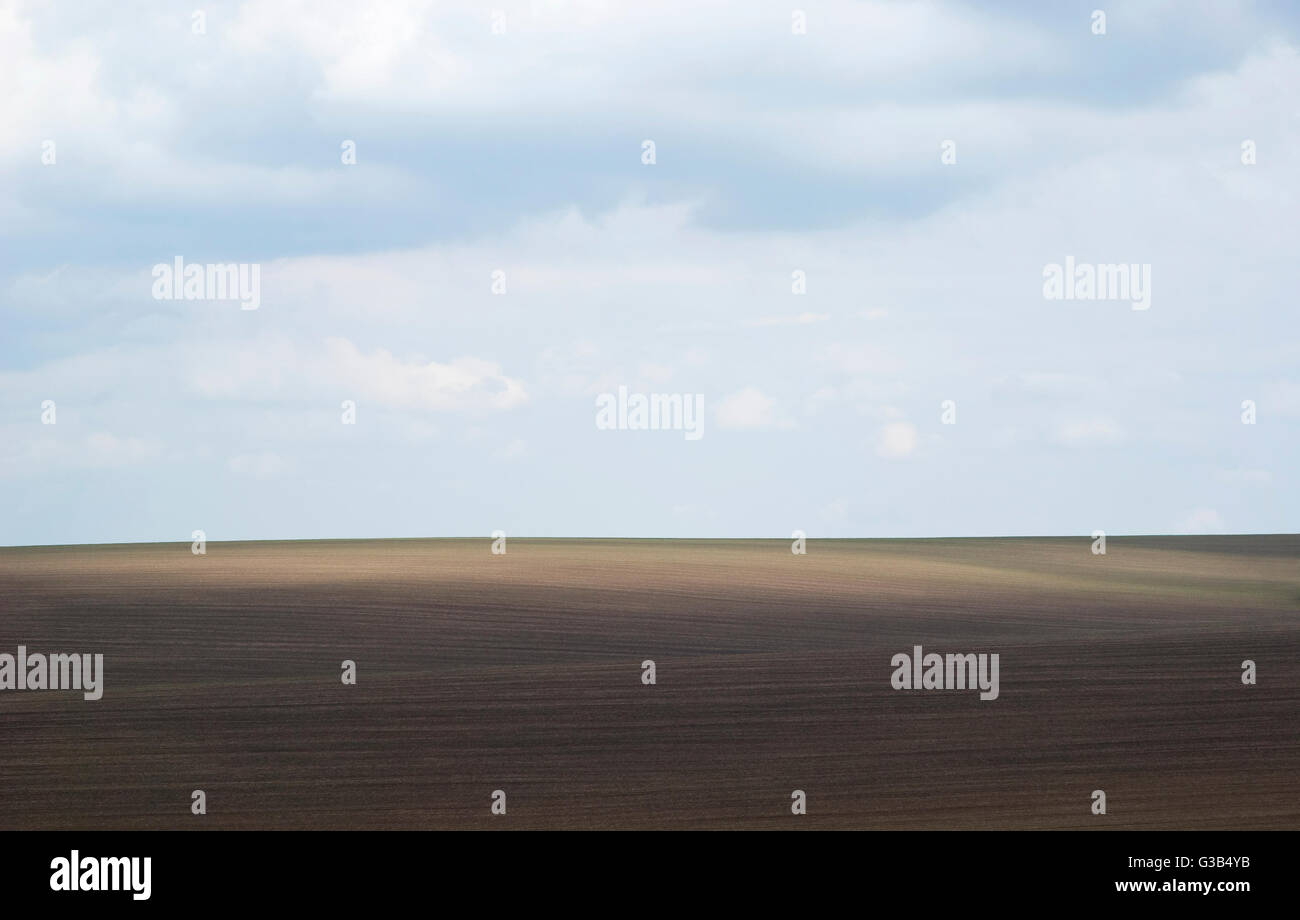 Ukraine, Podolien Region. Gepflügtes Feld auf dem Hügel Stockfoto