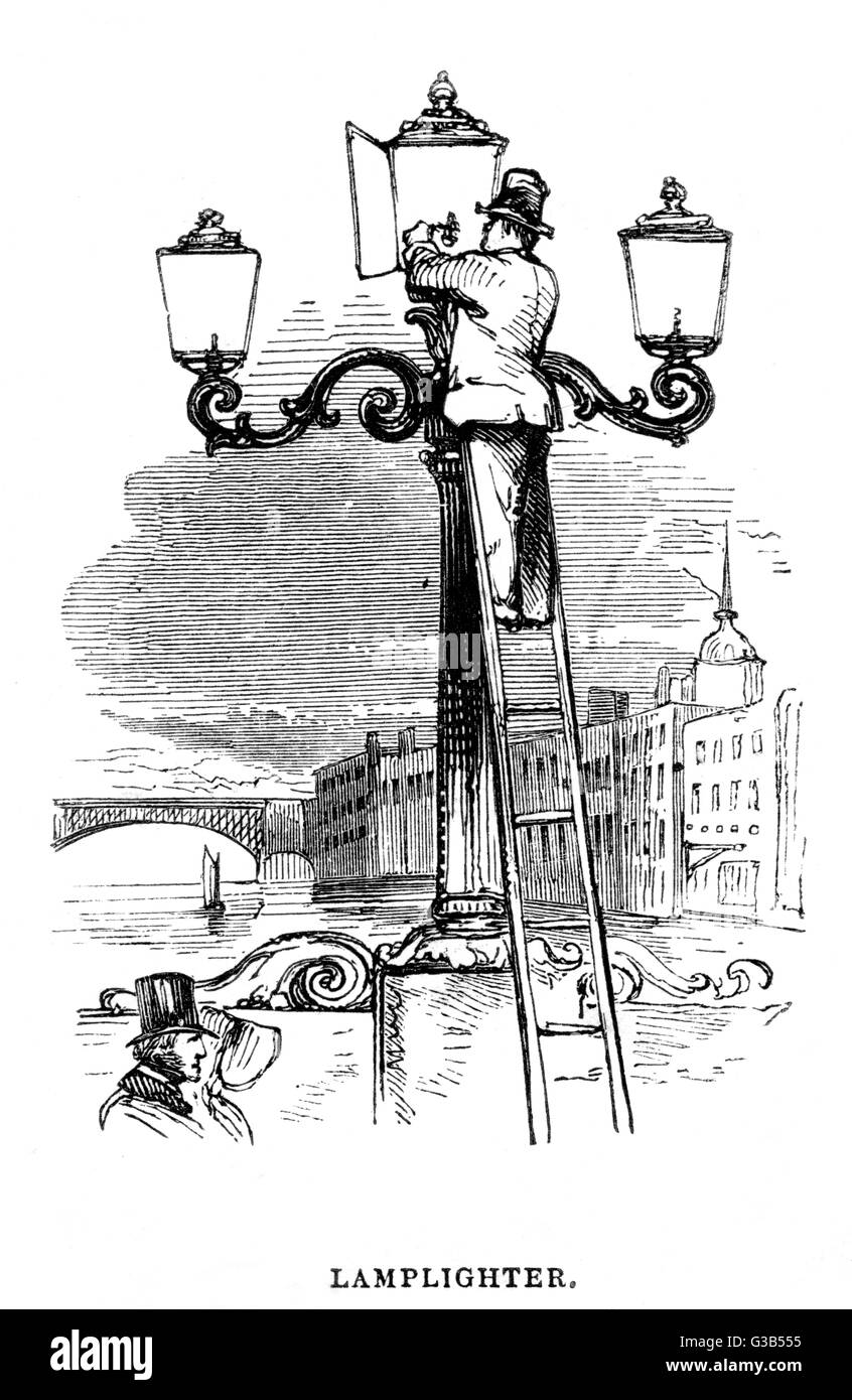 Ein Anzünder auf seine Leiter an einem von Londons Brücken Datum: ca. 1840 Stockfoto