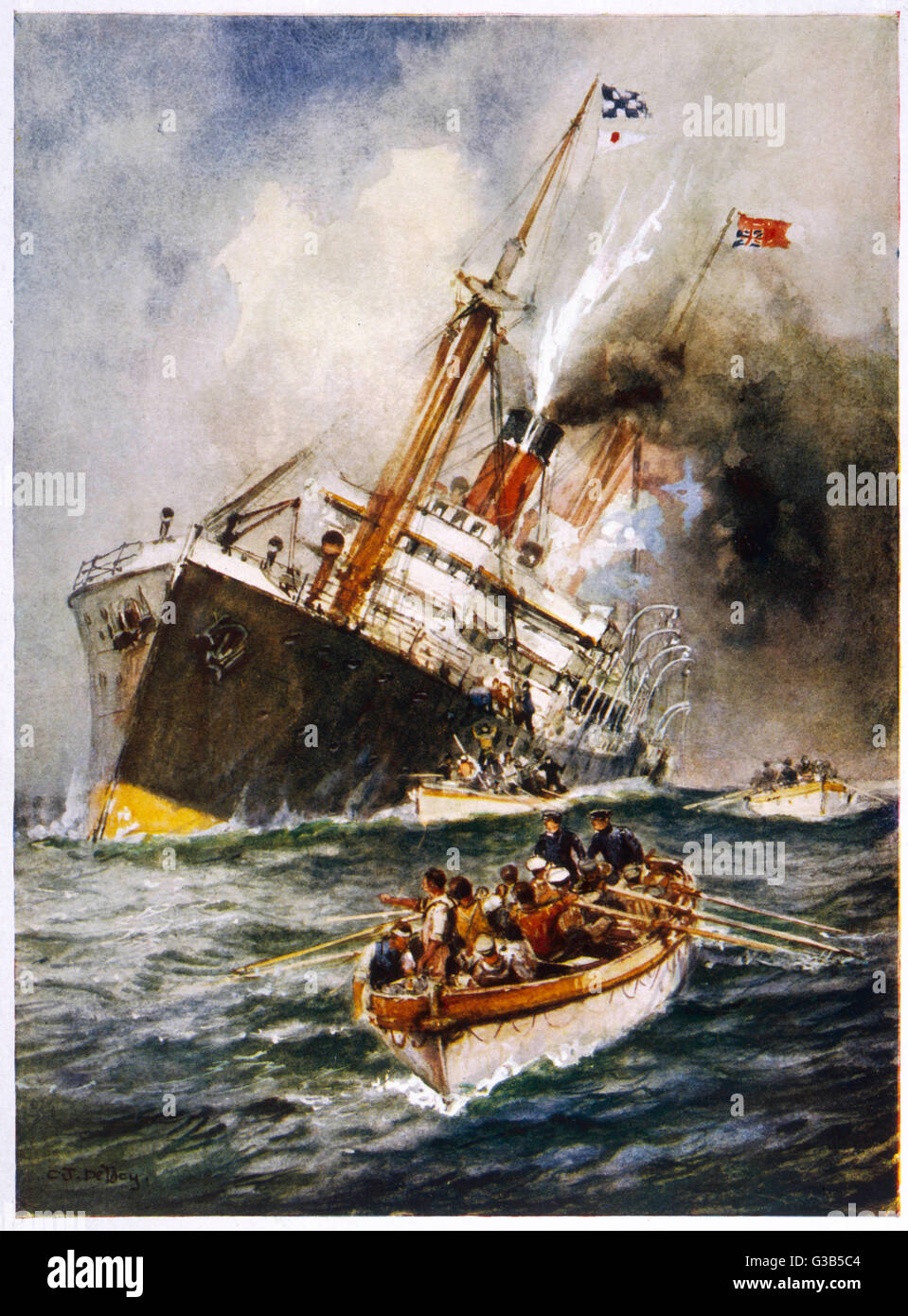 Verlassen des Schiffes! die Besatzung eines torpediert britischen Schiffes nehmen zu den Booten, wie ihr Schiff über Datum, Charter: 1914-1918 Stockfoto