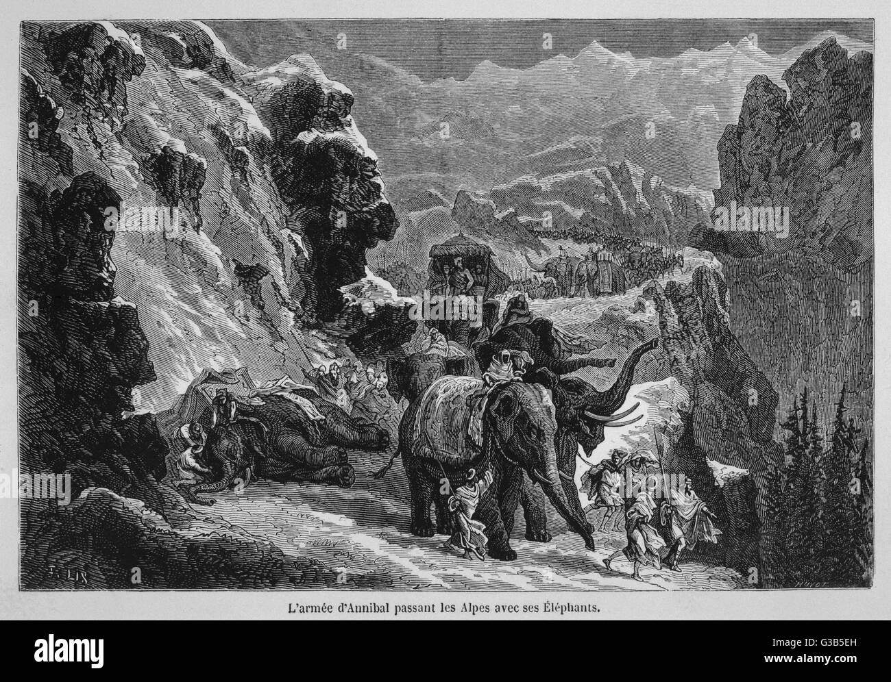 ZWEITEN PUNISCHEN Krieg karthagische general Hannibal nutzt Elefanten in seine Überquerung der Alpen in Italien Datum: 218 v. Chr. Stockfoto