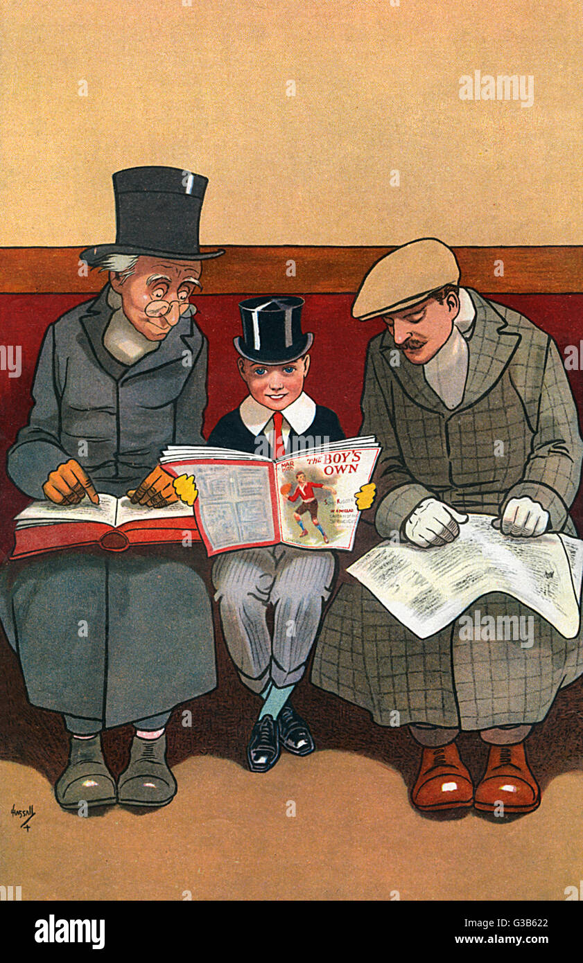 Genießen Sie drei Generationen von jungen, "The Boy eigenes Papier" - bevorzugt Buch oder einer Zeitung.       Datum: 1914 Stockfoto