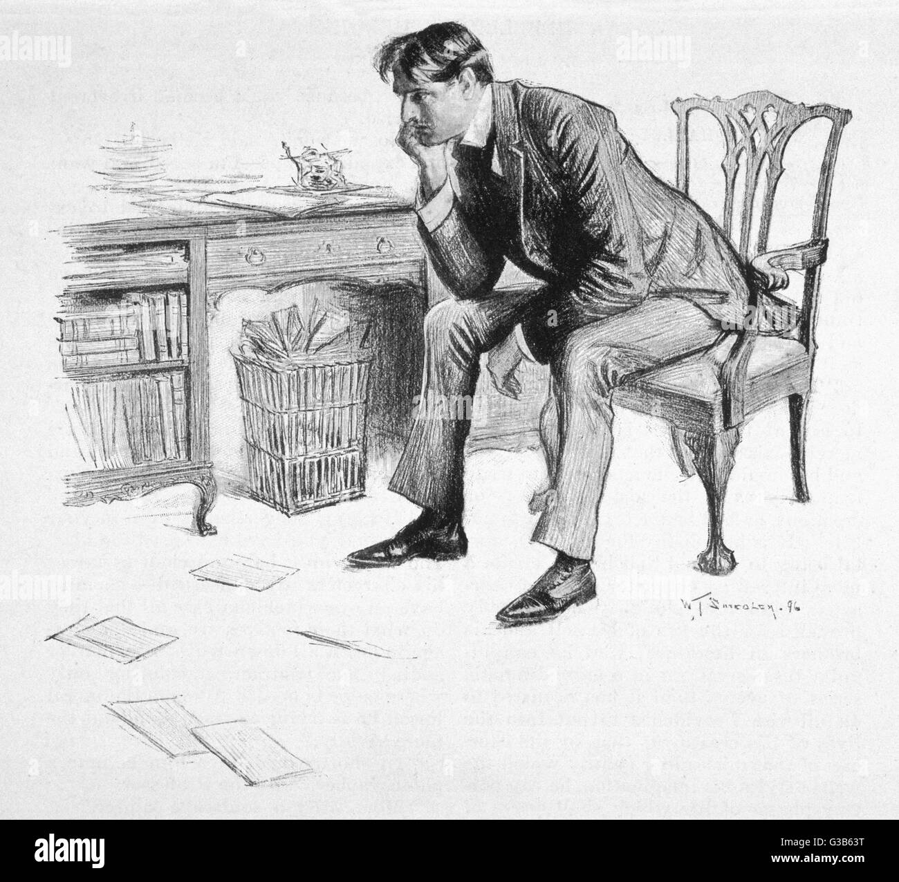 Eine Schriftsteller mit Schreibblockade, ist an einem Verlust für Wörter. Der Boden ist übersät mit erfolglosen Entwürfe...       Datum: 1896 Stockfoto