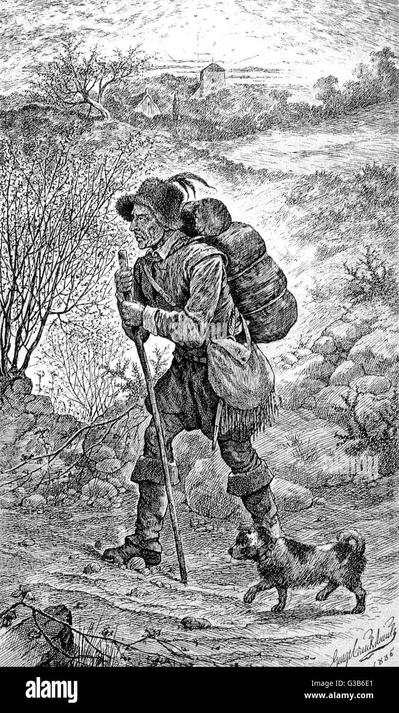 Ein Hausierer mit seiner Güter in ein Sturmgepäck auf seinem Rücken, Spaziergänge durch die Landschaft mit einem Stab und seinem Hund.      Datum: 1886 Stockfoto