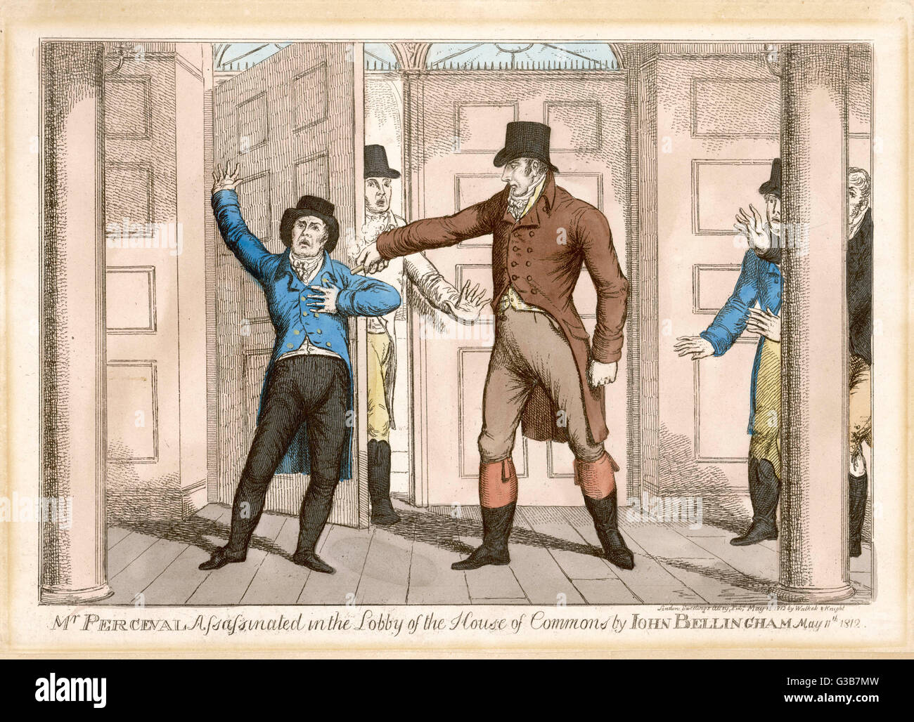 John Bellingham, Kaufmann, schießt Premierminister Spencer Perceval in der Lobby des House Of Commons, die Tory-Regierung die Schuld für sein unternehmerisches Scheitern.     Datum: 1762-1812 Stockfoto