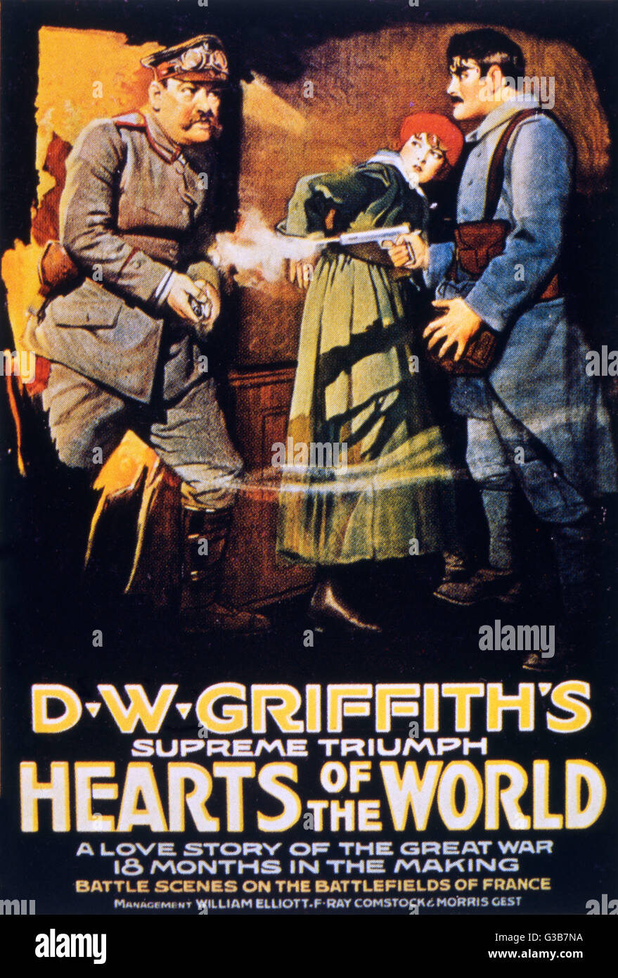 Plakat für "HEARTS OF THE WORLD", Regie: D W Griffith, Darsteller der zwei Gishes und darunter Stroheim und Coward in einen Weltkrieg Propaganda Schmachtfetzen.     Datum: 1918 Stockfoto