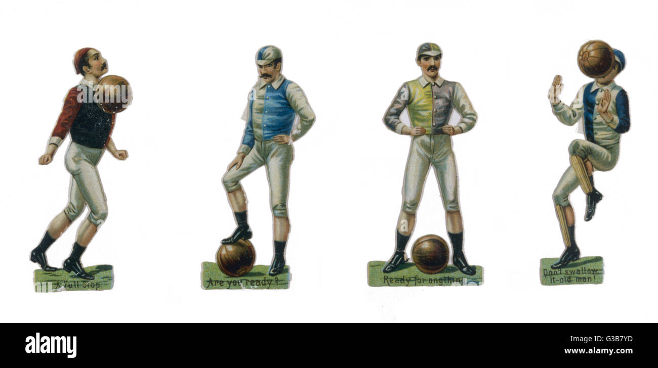 4 Frühe Fußballspieler in verschiedenen Haltungen.         Datum: 19. Jahrhundert Stockfoto